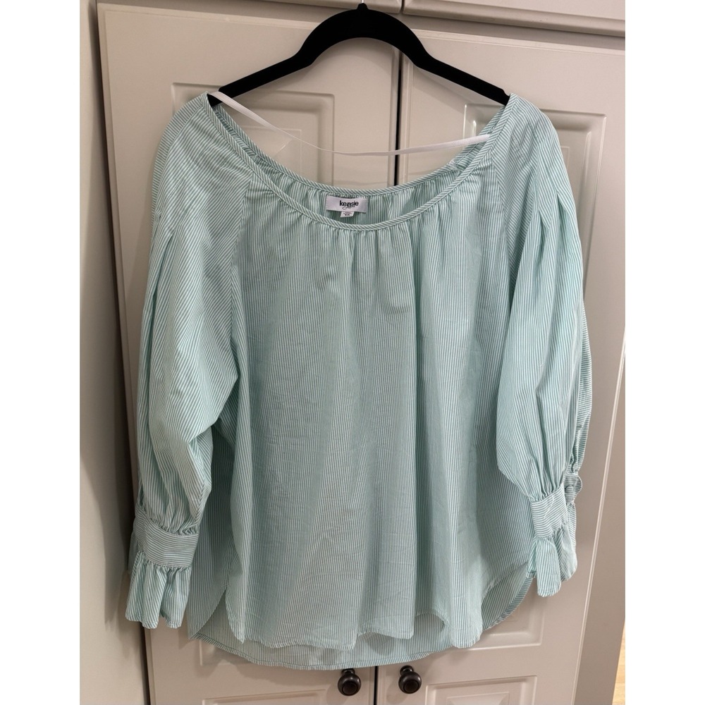 Kensie Jeans Green White Striped Blouse Pullover Top Size XL 3/4 Ruffled Sleeve